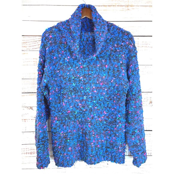 Victoria Jones Woman Sweaters - Vintage 80s Bright Blue Multi-Color Cowl Neck Pullover Sweater L Unique Dopamine